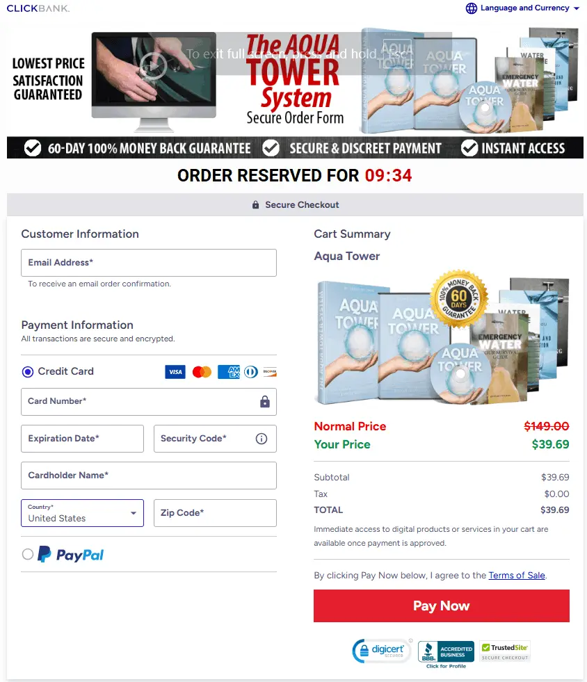 The Aqua Tower secure checkout page